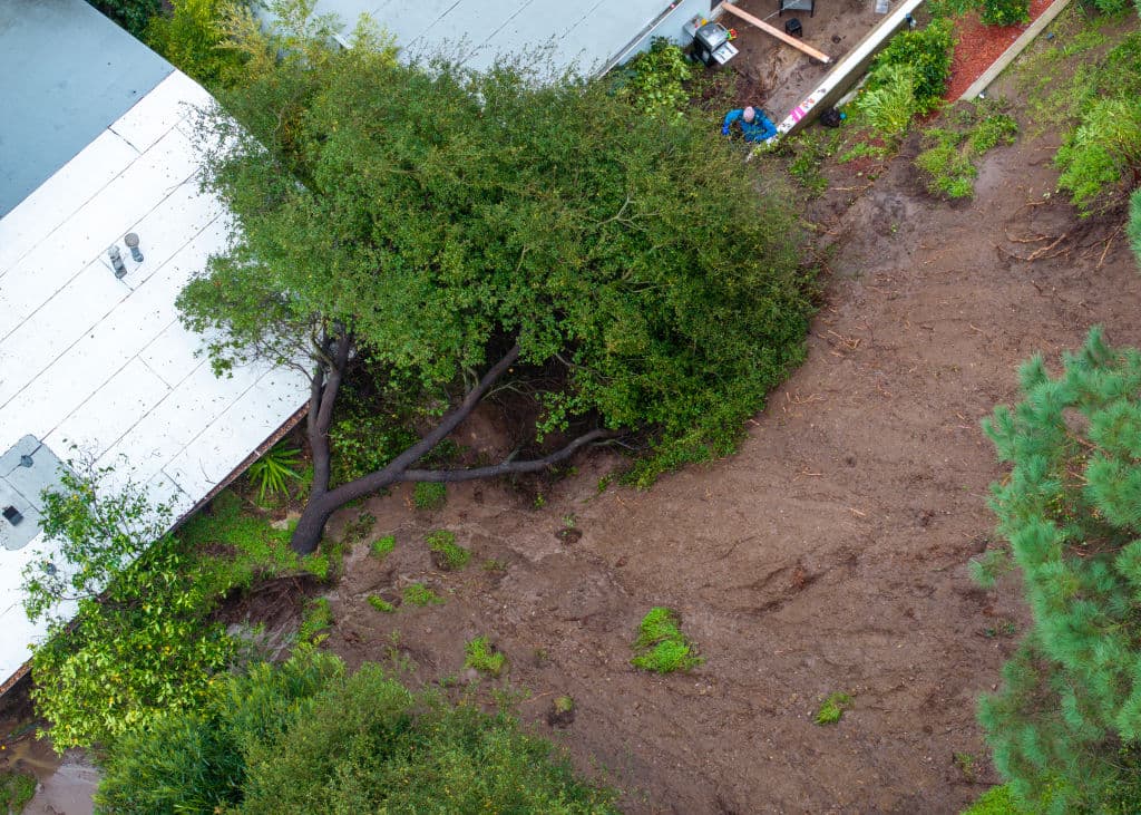 En Hollywood Hills, la caída de árboles colaboró con las inundaciones.