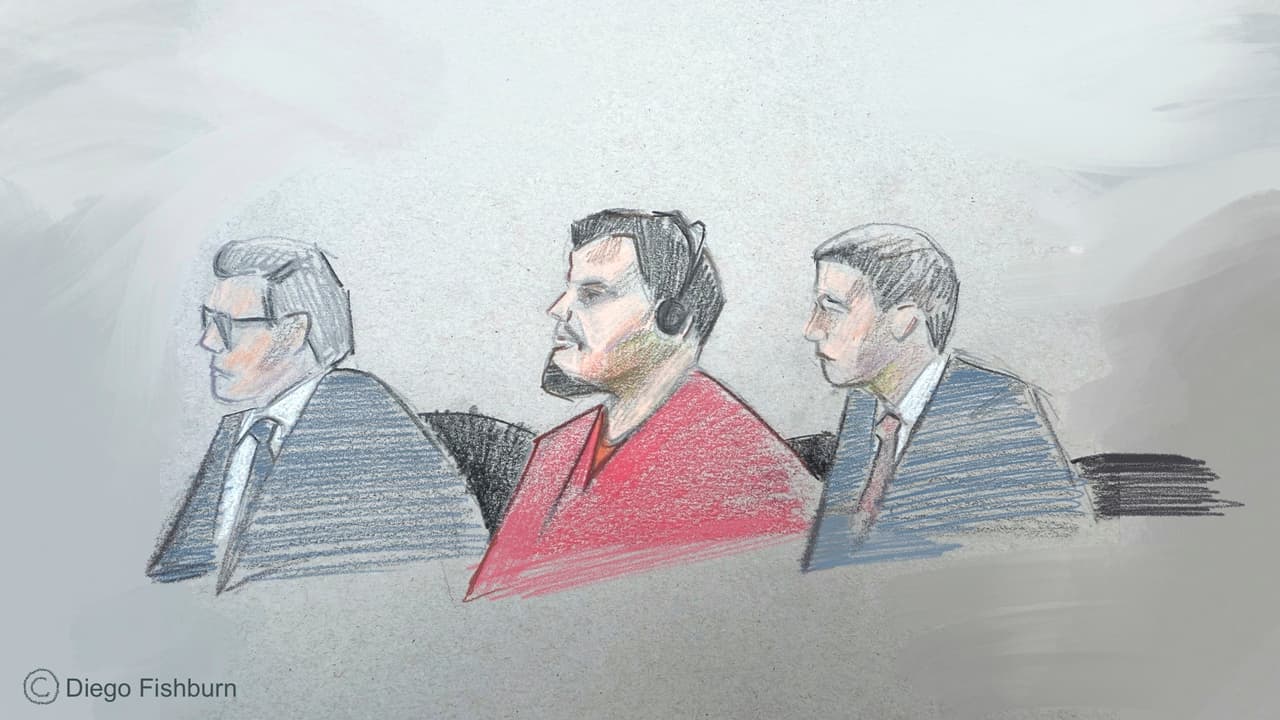 Este boceto de la sala del tribunal muestra, de izquierda a derecha, al abogado Sean Hecker, Kilmar Abrego García y al abogado Rascoe Dean en el tribunal durante la audiencia de detención de García el miércoles 25 de junio de 2025, en Nashville, Tennessee.