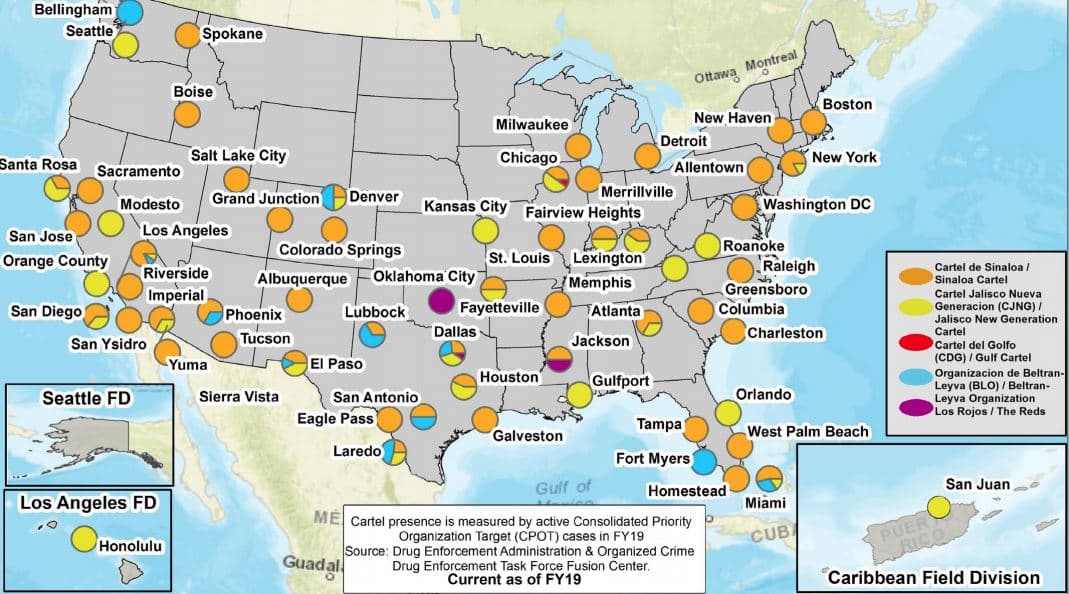 <b>Los carteles en todo el país. </b>Esta imagen del informe de la DEA muestra la presencia exacta de los carteles en cada estado. El estudio pone de manifiesto que pocos estados del país se libran de la presencia de carteles mexicanos.