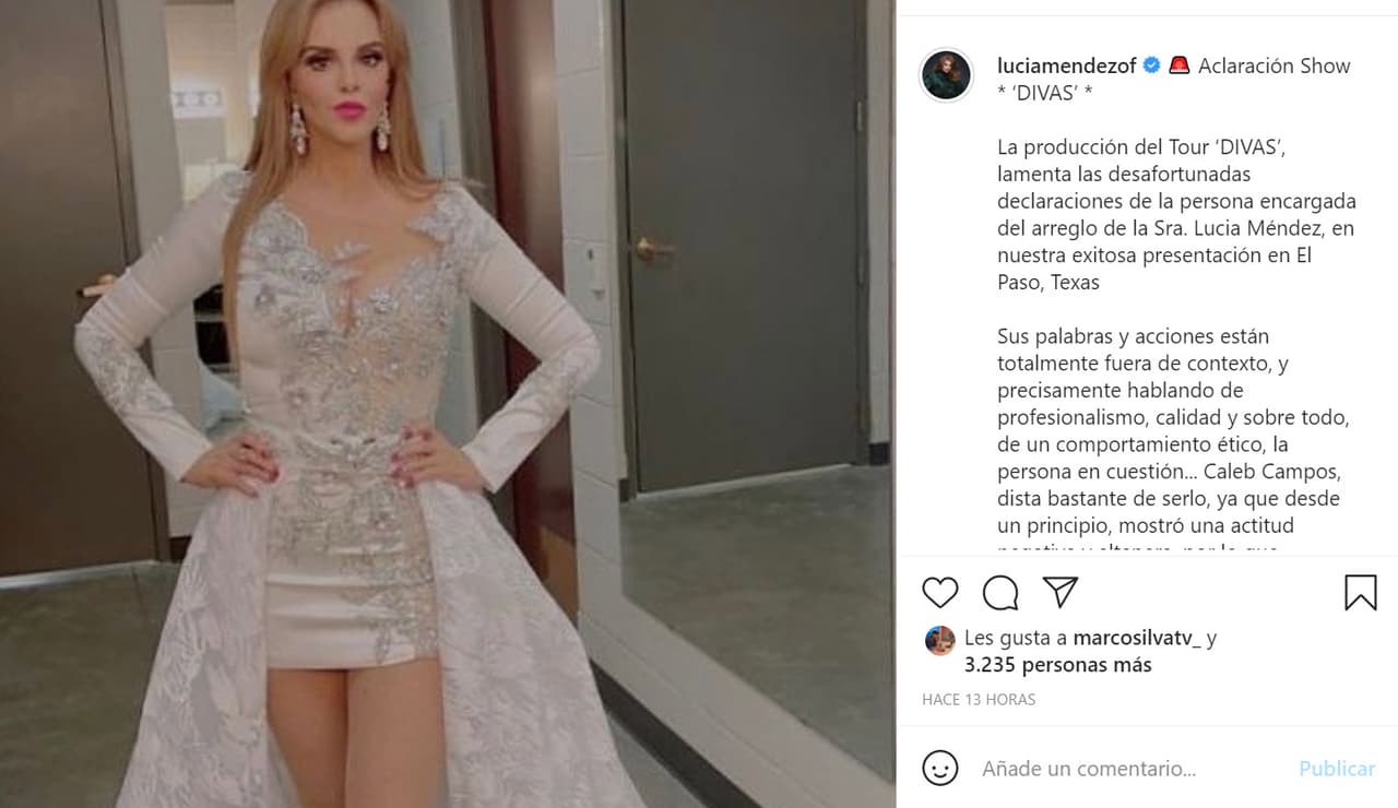 Fue hasta la noche del domingo 25 que rompió el silencio y se defendió a través de un comunicado que colgó en su cuenta de Instagram a nombre de la gira: "La producción del Tour Divas
<b><a href="https://www.instagram.com/p/CRxGegsHyw9/" target="_blank"> lamenta las desafortunadas declaraciones</a></b> de la persona encargada del arreglo de la señora Lucía Méndez, en nuestra exitosa presentación en El Paso, Texas", se lee al inicio. 
<br>