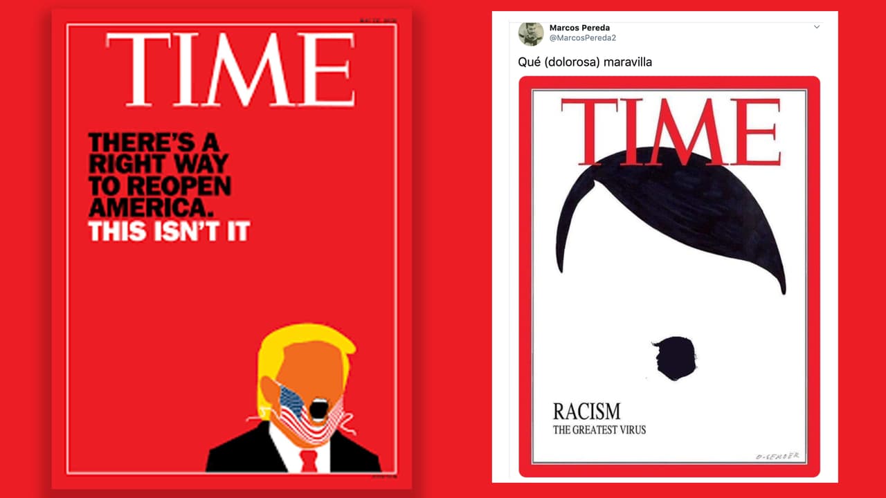 El 29 de mayo de 2020 se hizo viral esta portada de Time que reunía a Adolph Hitler y Donald Trump y resultó ser falsa. Se trataba de una obra del artista belga Luc Descheemaeker creada en 2016 que “revivió” en redes sociales. En la portada de la revista del 25 de mayo sí aparecía Trump, pero sin algún vínculo con Hitler ni el racismo.