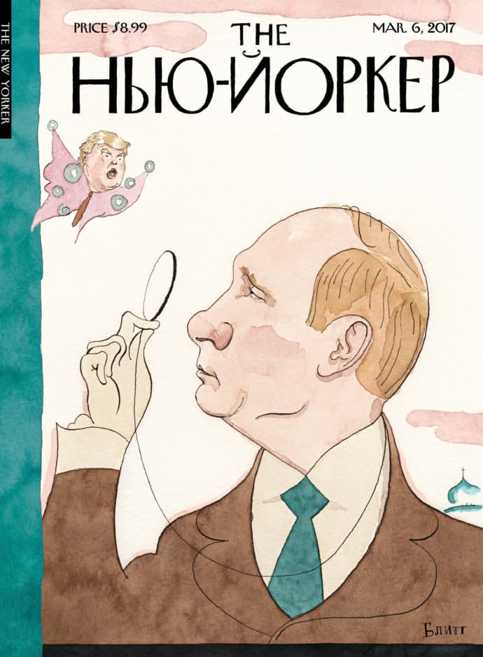 <b>6 DE MARZO DE 2017.</b> Emulando la primera portada de la revista cuando se lanzó en 1925 con un señor almidonado, con sombrero y monóculo, más tarde llamado Eustace Tilley, el artista Blitt imagina a 
<b>Eustace Vladimirovich Tilley (Vladimir Putin)</b> escrutando a un insecto alado, que es Donald Trump. Blitt, dice la revista, "no es el único que ve lo que él llama 'el efecto mariposa'". "Putin pudo haber influido en las elecciones presidenciales de Estados Unidos, pero sus planes son mucho más grandes", 
<b><a href="http://www.newyorker.com/culture/culture-desk/cover-story-2017-03-06" target="_blank">dice New Yorker</a></b>.
