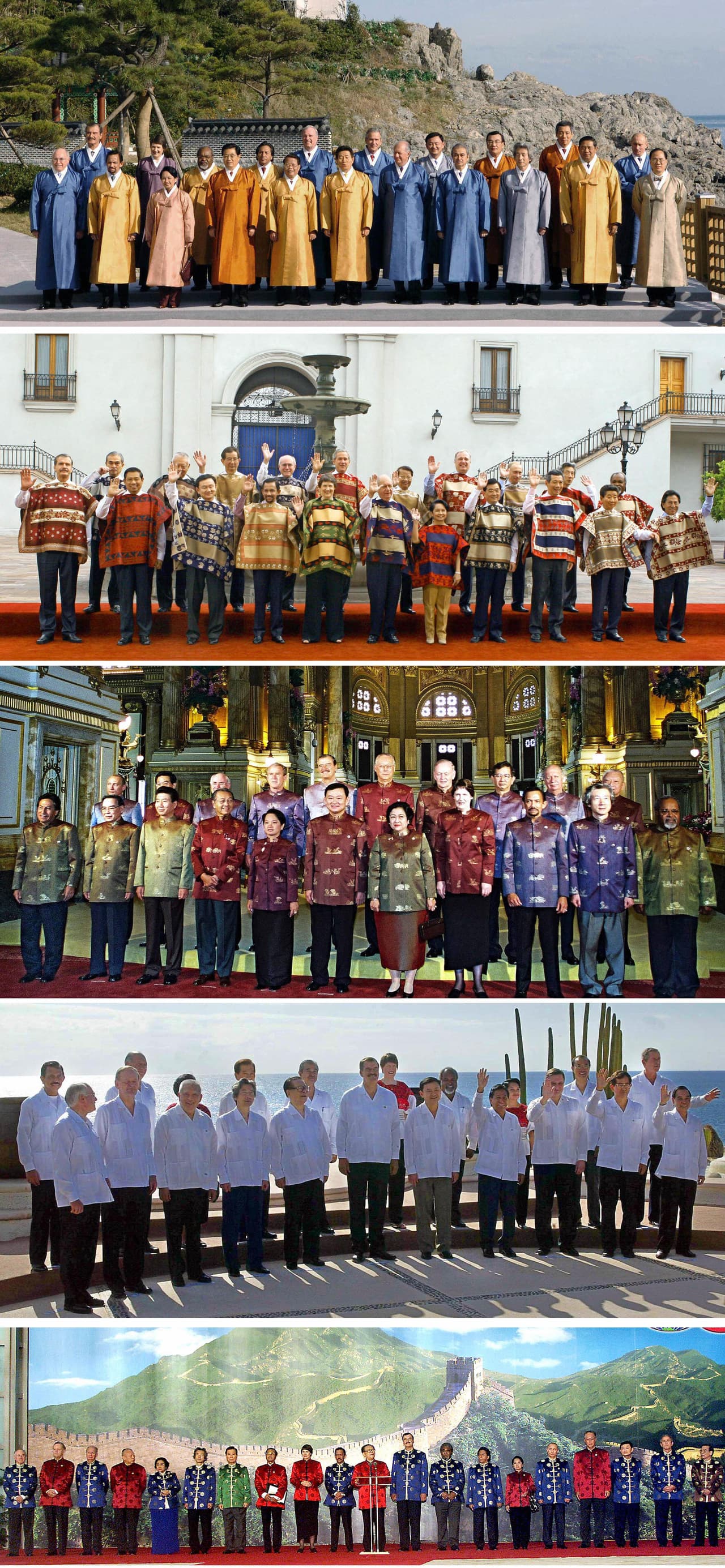 Combinación de cinco imágenes de APEC. De arriba a abajo: 
<b>Corea del Sur en 2005; Santiago de Chile en 2004;</b> 
<b>Tailandia en 2003;</b> 
<b>México en 2002 y China en 2001.</b>