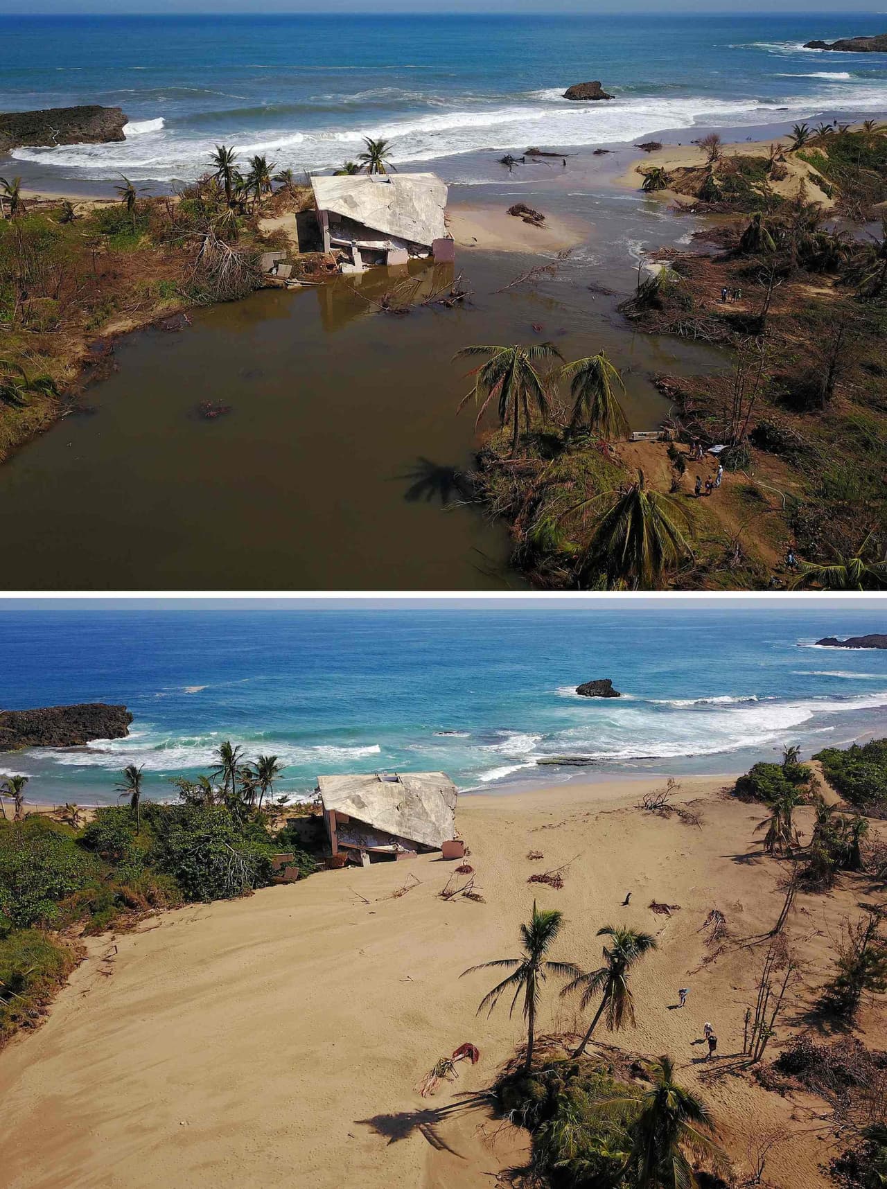 Una residencia duramente golpeada por el mar en Manatí, norte de la isla, permanece en el mismo lugar seis meses después.