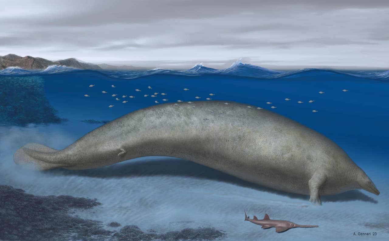 Esta ilustración realizada por el artista Alberti Gennari en 2023 muestra una reconstrucción de Perucetus colossus en su hábitat costero con un cuerpo de 20 metros de largo. La especie descubierta recientemente podría ser el animal más pesado que se conozca, desplazando de ese puesto a la ballena azul. Los científicos la han llamado Perucetus colossus, o "ballena coloso de Perú" en su publicación en la revista Nature del miércoles 2 de agosto de 2023. (Alberto Gennari/Nature via AP)