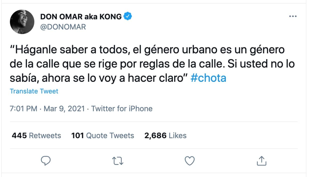 Aunque eliminó la canción en la que mencionaba a Pina, en Twitter, Don Omar insistió con la palabra.