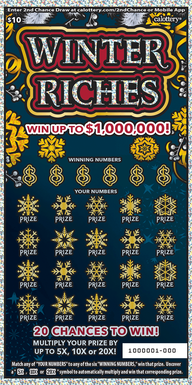 <h2 class="cms-H2-H2">Winter Riches</h2>
<br>Es un raspadito con un premio mayor de $1,000,000.
<br>La probabilidad de ganar cualquier premio es de 
<b>1 en 2.92.</b>