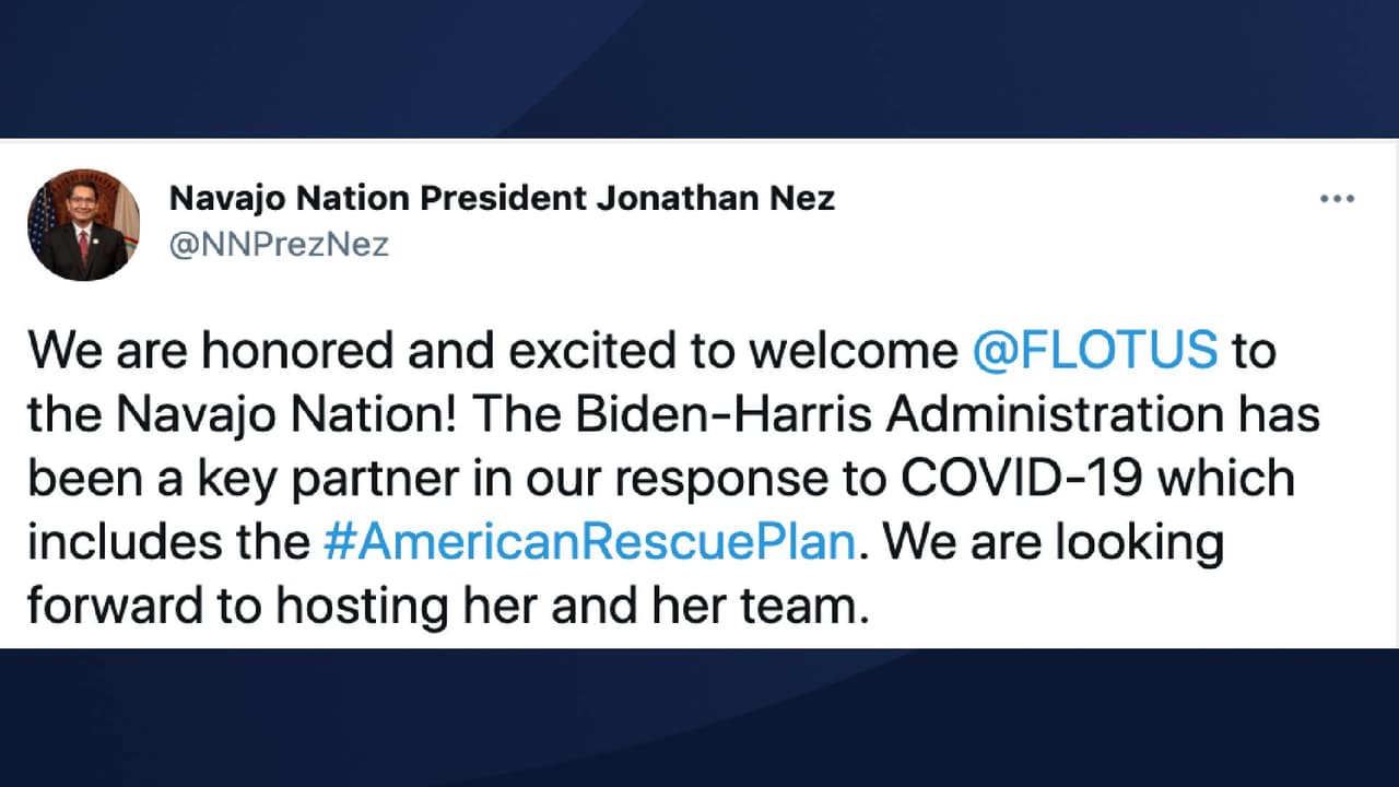 “¡Nos sentimos honrados y emocionados de dar la bienvenida a la primera dama a la Nación Navajo! La Administración Biden-Harris ha sido un socio clave en nuestra respuesta al COVID-19, que incluye 
<i>el Plan de Rescate Estadounidense</i>. Esperamos recibirla a ella y a su equipo”, publicó el 
<a href="https://twitter.com/NNPrezNez/status/1383485816924557314" target="_blank">presidente de la Nación Navajo, Jonathan Nez, </a>e n twitter. 
<br>