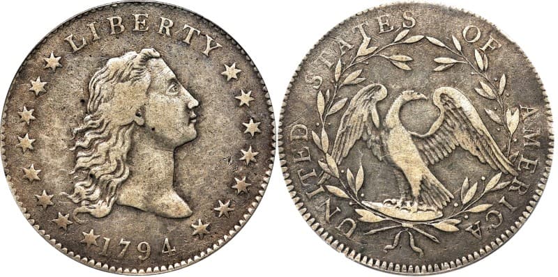 <h3 class="cms-H3-H3">2. Dólar de pelo suelto - 1794</h3>
<br>
<h3 class="cms-H3-H3">($10,016,875)</h3>
<br>
<br>Este primer dólar de plata acuñado por la Casa de la Moneda de EEUU poseedor 
<b>se vendió en 2013 por $10,016,875 a Bruce Morelan</b>, quien lo subastó en octubre pasado cuando no alcanzó su precio de reserva. "Se estima que todavía existen 130 ejemplares de esta moneda, que se hicieron para regalar a los VIP", a pesar de que se acuñaron 1,758 monedas, pero muchas se fundieron debido a su mala calidad.
<br>