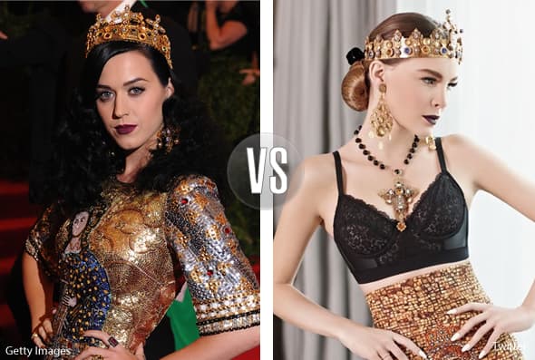 Si bien no es el mismo vestido, Katy Perry y Belinda compartieron su gusto por los aretes y la corona.