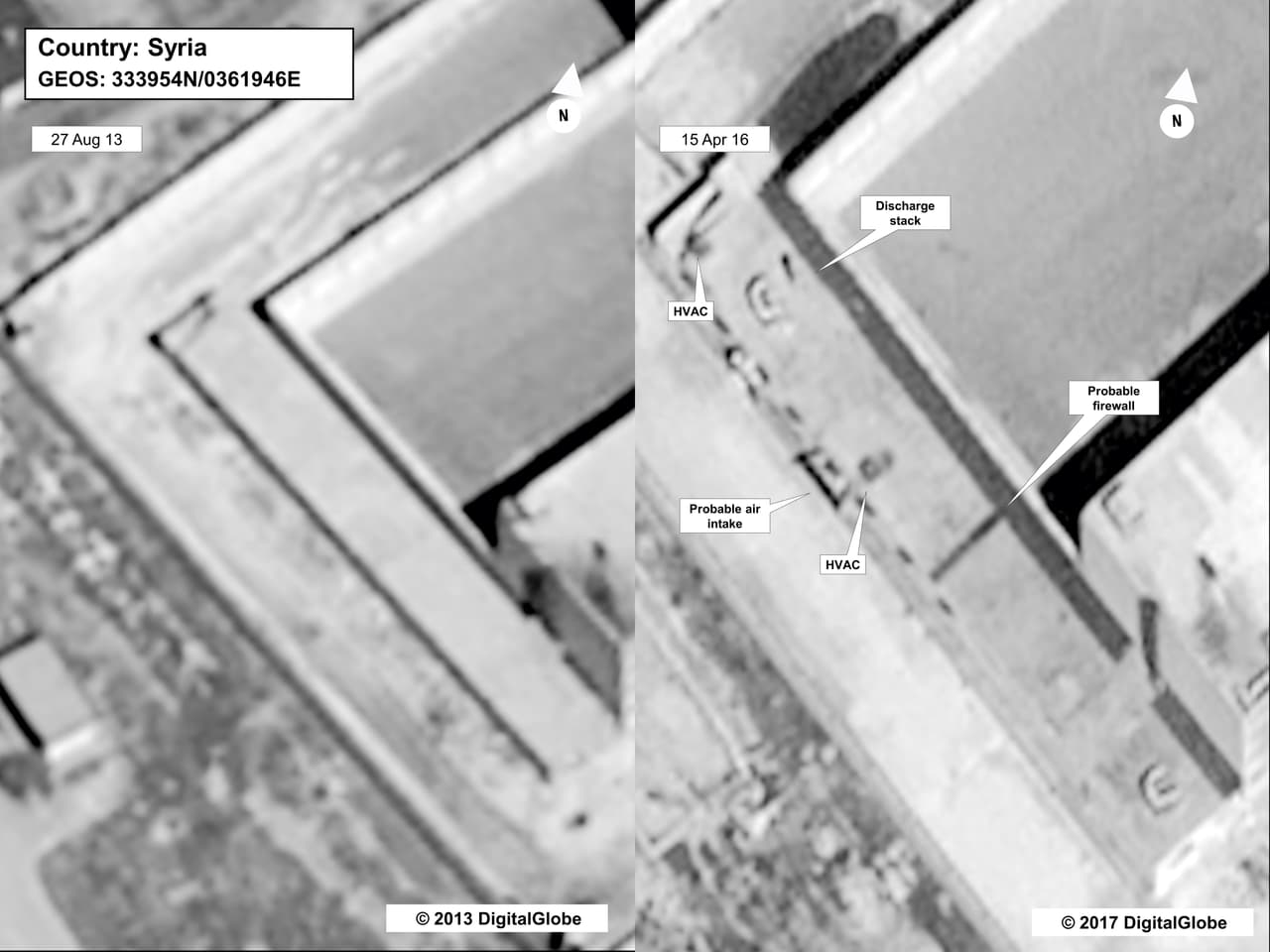 Esta imagen proporcionada por el departamento de Estado y DigitalGlobe, fue tomada el 27 de agosto de 2013 (izquierda), y el 16 de abril de 2015 (derecha). Son fotos de satélite que muestran lo que el Departamento de Estado describió como un edificio que fue modificado para el funcionamiento de un crematorio.