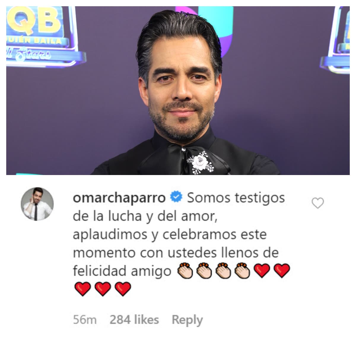 Uno de los amigos más cercanos de Adrián Uribe, 
<b><a href="https://www.univision.com/famosos/omar-chaparro-recibe-a-ale-espinoza-en-el-bano-de-su-casa-para-una-entrevista-y-esta-es-la-excusa-video" target="_blank">Omar Chaparro</a></b>, le dejó un cariñoso mensaje: "Somos testigos de la lucha y del amor, aplaudimos y celebramos este momento con ustedes llenos de felicidad, amigo". 
<br>