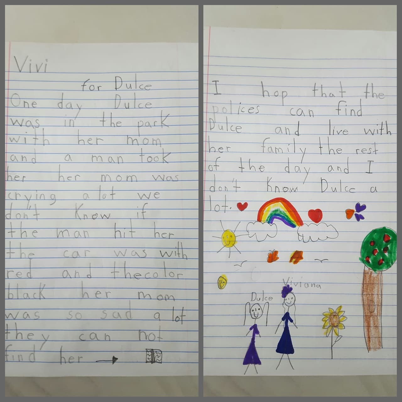 <b>Sábado 5 de octubre</b>-Univision 65 recibió una carta de una niña de seis anos en la que expresa su preocupación por Dulce María. La desaparición de la menor ha motivado a los padres a hablar con sus hijos sobre como comportarse en presencia de un extraño. 
<br>