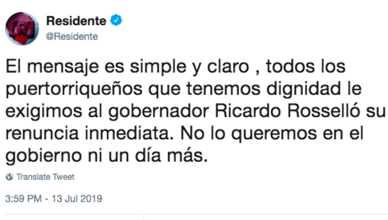 "No lo queremos en el gobierno ni un día más", expresó 
<b>Residente</b> en este tuit que publicó el sábado, pidiendo acción al gobernador Rosselló.