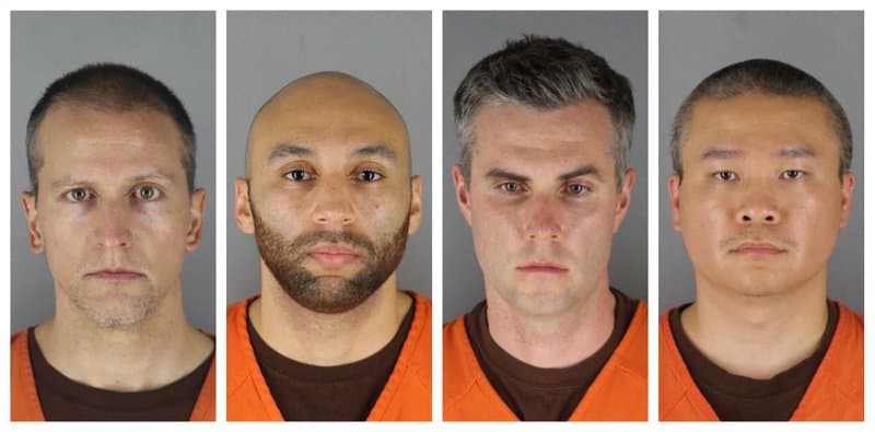 De izquierda a derecha, Derek Chauvin, J. Alexander Kueng, Thomas Lane y Tou Thao. Chauvin está acusado de asesinato en segundo grado de George Floyd, un hombre negro que murió después de ser sujetado por él y los otros agentes de policía de Minneapolis el 25 de mayo. Kueng, Lane y Thao han sido acusados de ayudar e instigar a Chauvin.