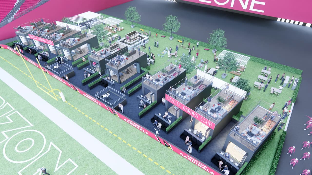 <b>Casitas</b>
<br>Las Casitas estarán ubicadas detrás de la zona de anotación sur, estas casitas de lujo diseñadas a medida cuentan con su propio porche delantero privado y terraza en la azotea. Tiene espacio para 20 personas.