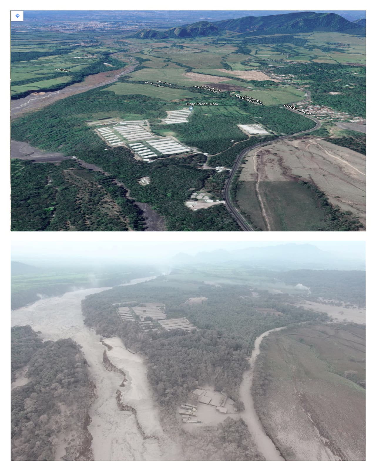 Una zona agrícola devastada por las cenizas y lava, la imagen superior antes de la erupción.