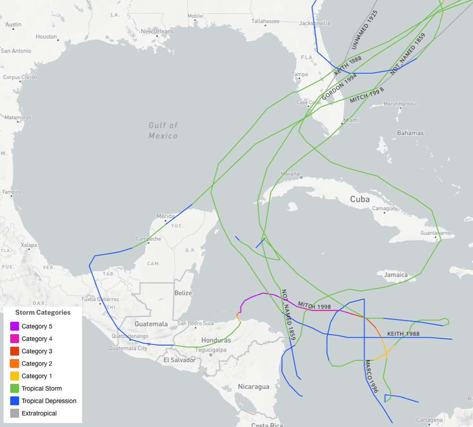 Desde que comenzaron los registros en 1851, se han formado otras cinco tormentas con nombre en el Caribe y azotaron Florida en noviembre, Mitch, Gordon y Keith, y dos sin nombre. Mitch en 1998 fue el más reciente.