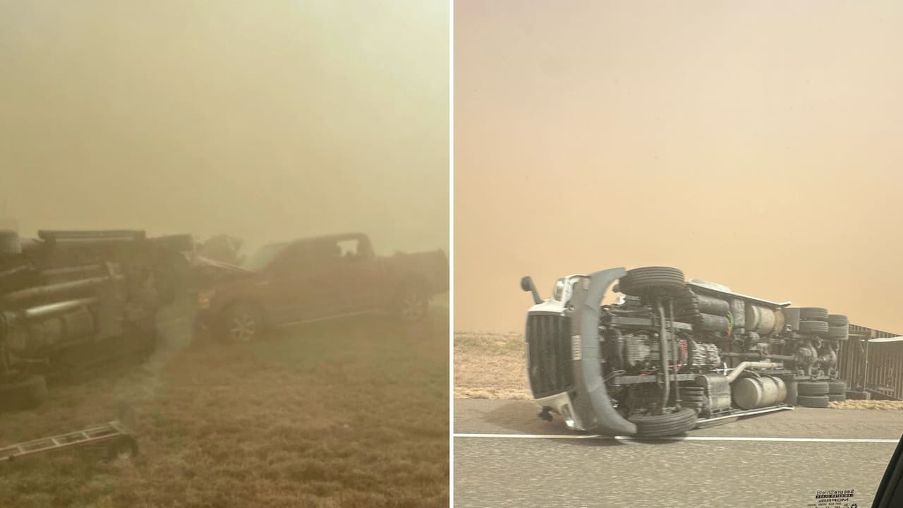 Tormenta de arena en Amarillo, Texas: Conductores quedan atrapados entre autos y trailers volcados
