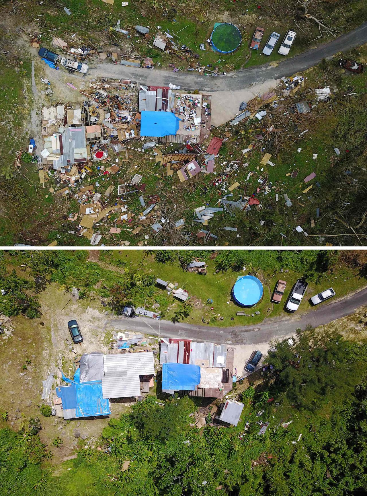 El techo de una residencia en Corozal que aún tiene toldos azules para proteger a sus residentes de las inclemencias del tiempo.