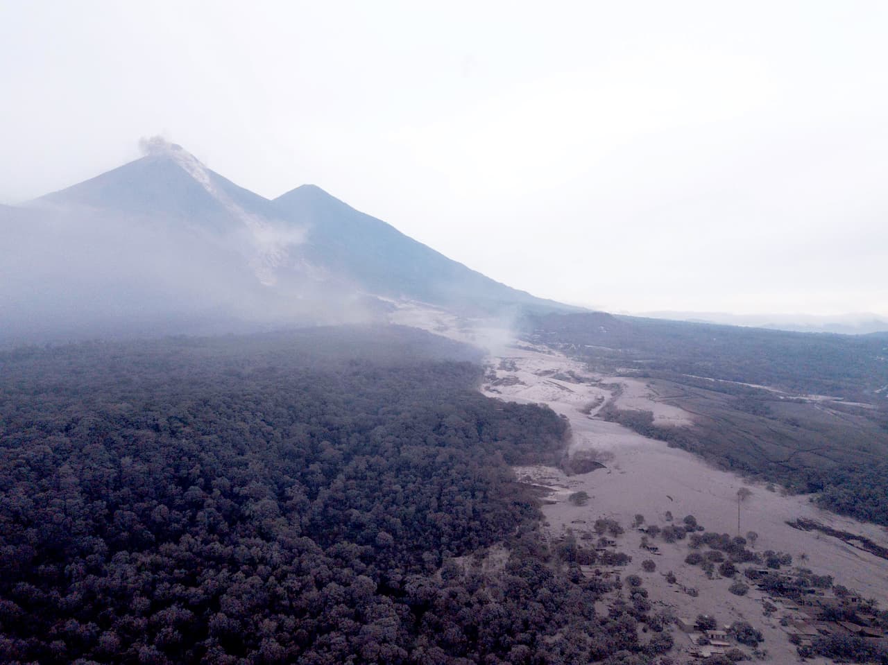 The viisble sign of the lava, rock and ash, known as pyroclastic flow, on the slopes of the Fuego volcano.