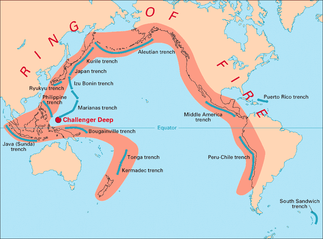El Anillo de Fuego es la zona demarcada entre el Océano Pacífico y las masas continentales que lo rodean. El también llamado Cinturón del Pacífico tiene una longitud de aproximadamente 24,900 millas (40,000 Kilómetros).