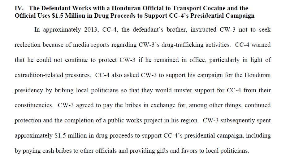 El documento de la corte señala que el presidente habría usado dinero del narco en sus campañas políticas.