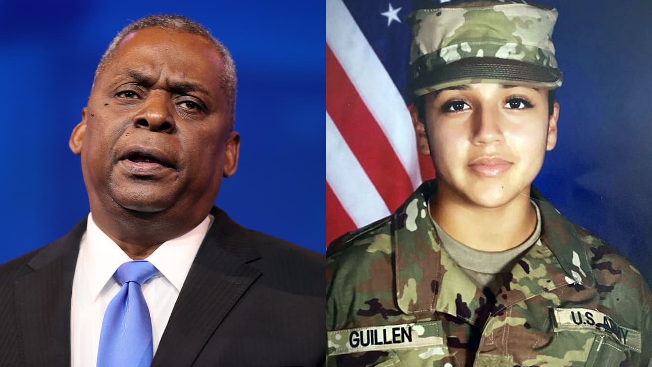 El secretario de Defensa de Estados Unidos, Lloyd Austin (izq.) y la soldado Vanessa Guillén (der).
