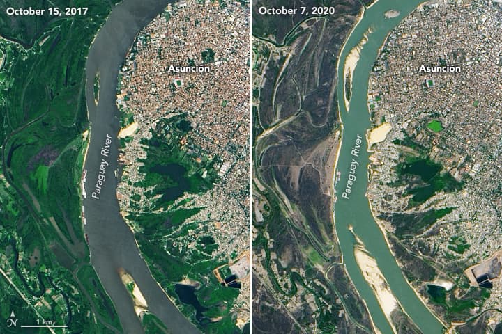 La grave sequía que vive una gran parte de Sudamérica que comenzó a notarse desde 2018, extendió a partes de Paraguay, Bolivia y el norte de Argentina durante el año pasado. 
<br>
<br>Estas imágenes muestran el desenlace del bajo nivel de agua en el río Paraguay cerca de Asunción, la capital y puerto principal del país, en tan solo 3 años. 
<br>
<br>De acuerdo con la NASA, el río cayó en 
<a href="https://earthobservatory.nasa.gov/images/147480/severe-drought-in-south-america" target="_blank">su nivel más bajo en 50 años</a>, provocando cargas mercantiles en demoradas y millones de dólares en pérdidas. 
<br>
<br>