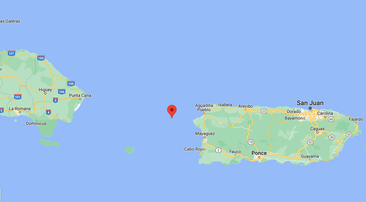 El punto rojo muestra la ubicación de la isla de Desecheo, cerca de las costas de Puerto Rico.