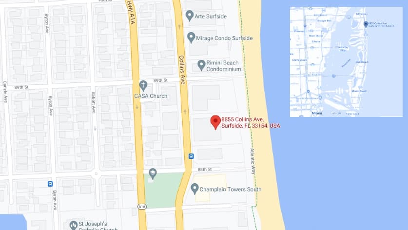 El edificio 
<a href="https://www.floridaluxrealestate.com/champlain-towers-east" target="_blank">ChamplainTowers, ubicado en la avenida Collins con la calle 88, es </a>una torre muy cercana a la playa, en una de las zonas más conocidas de Miami-Dade. Según vecinos y residentes, estaba siendo sometida a mantenimiento.