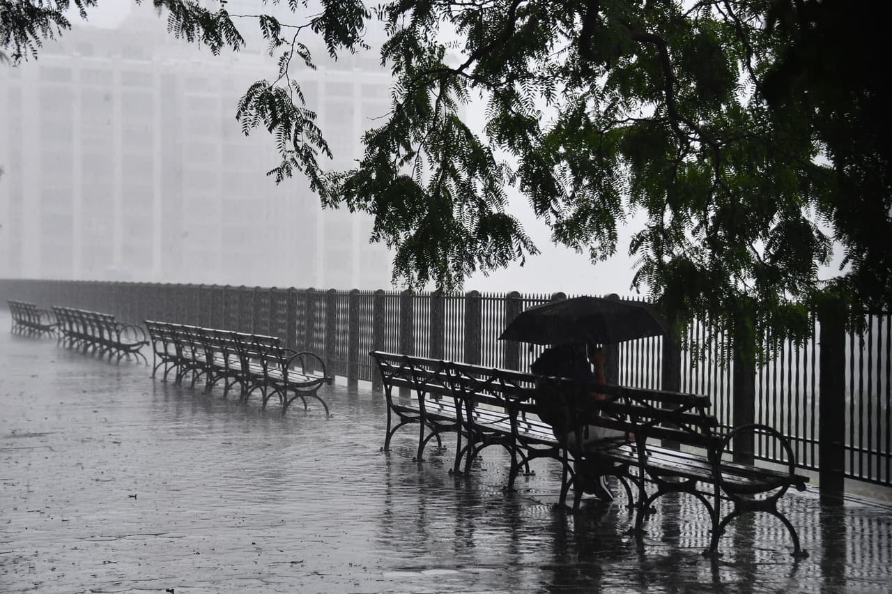 Un hombre se sienta debajo de un árbol con un paraguas en el paseo marítimo de Brooklyn 
<b>mientras la <a href="https://www.univision.com/temas/tormentas-tropicales">tormenta tropical</a> Isaias castigaba a la ciudad de Nueva York.</b>