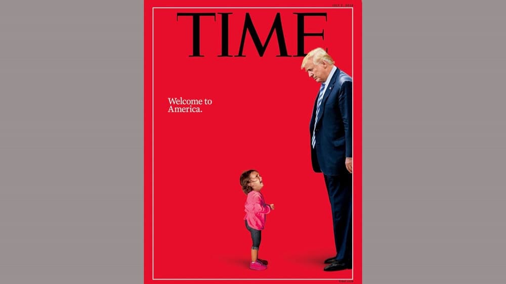 Portada de la revista Time del 21 de junio de 2018. Días después de la publicación de la foto de Moore, ProPublica difundió un audio del interior de una instalación de la Patrulla Fronteriza en el que se escucha a los niños llorar. 
<br>Partidarios del gobierno se defendieron al decir que esta niña de la foto no fue separada de su madre. Pero finalmente terminaron por revertir la medida.
