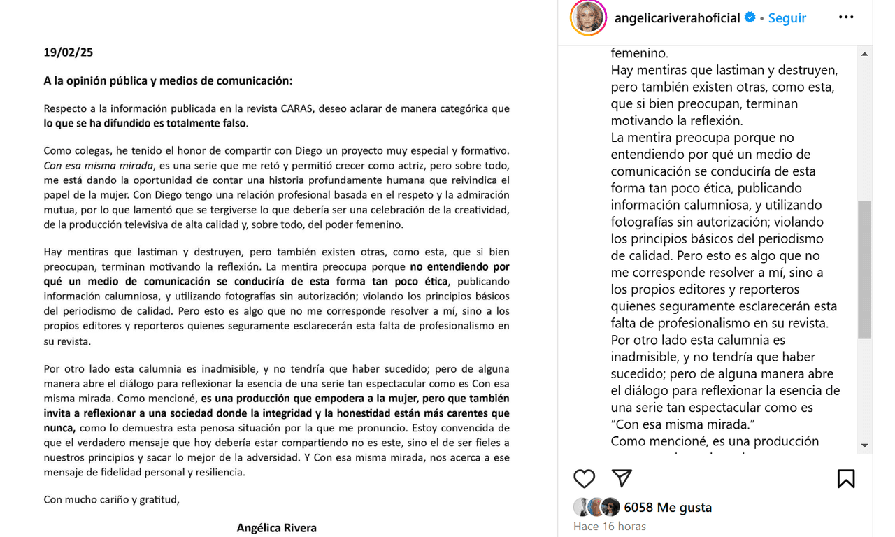 Comunicado de Angélica Rivera respecto a su supuesta relación con Diego Klein