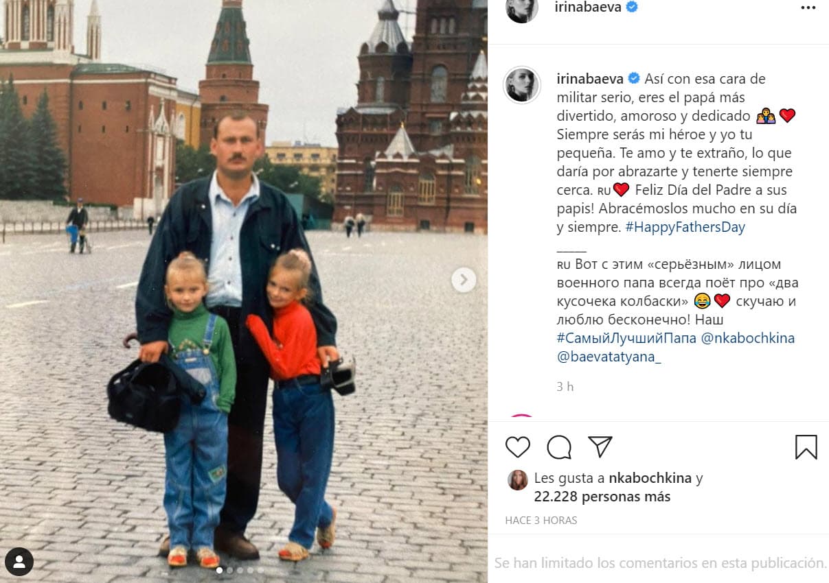 Desde México hasta Rusia, 
<b>Irina Baeva</b> mandó una felicitación a su papá, tanto en español como en su idioma natal: "Así 
<b><a href="https://www.instagram.com/p/CQWQUvMHtJP/" target="_blank">con esa cara de militar serio</a></b>, eres el papá más divertido, amoroso y dedicado. Siempre serás mi héroe y yo tu pequeña. Te amo y te extraño, lo que daría por abrazarte y tenerte siempre cerca".