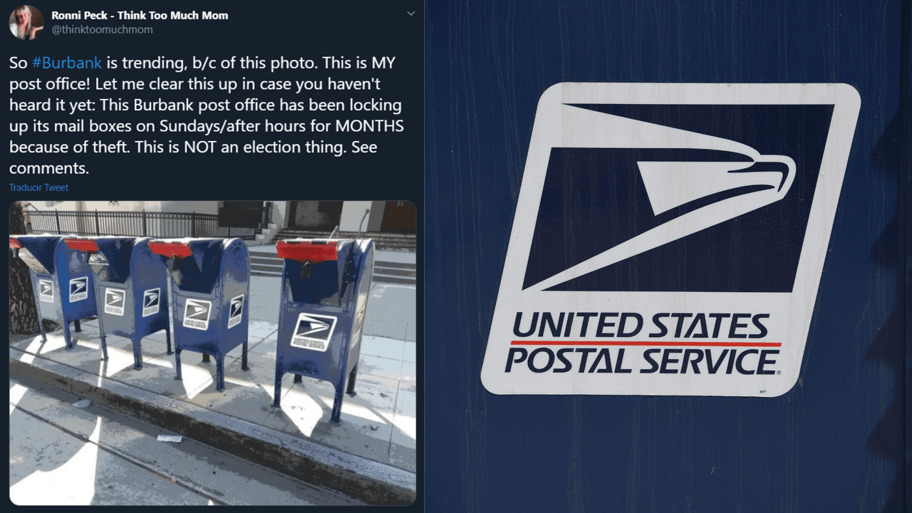 Otro usuario de Twitter, Ronni Peck, respondió a su tweet diciendo que los buzones de correo en Burbank estaban cerrados los domingos y fuera de horario para evitar el robo de correo: “permítanme aclarar esto en caso de que no lo hayan escuchado todavía: esta oficina de correos de Burbank ha estado cerrando sus buzones de correo los domingos / fuera de horario durante meses debido a un robo. Esto no es una cuestión de elecciones”, dijo.
<br>