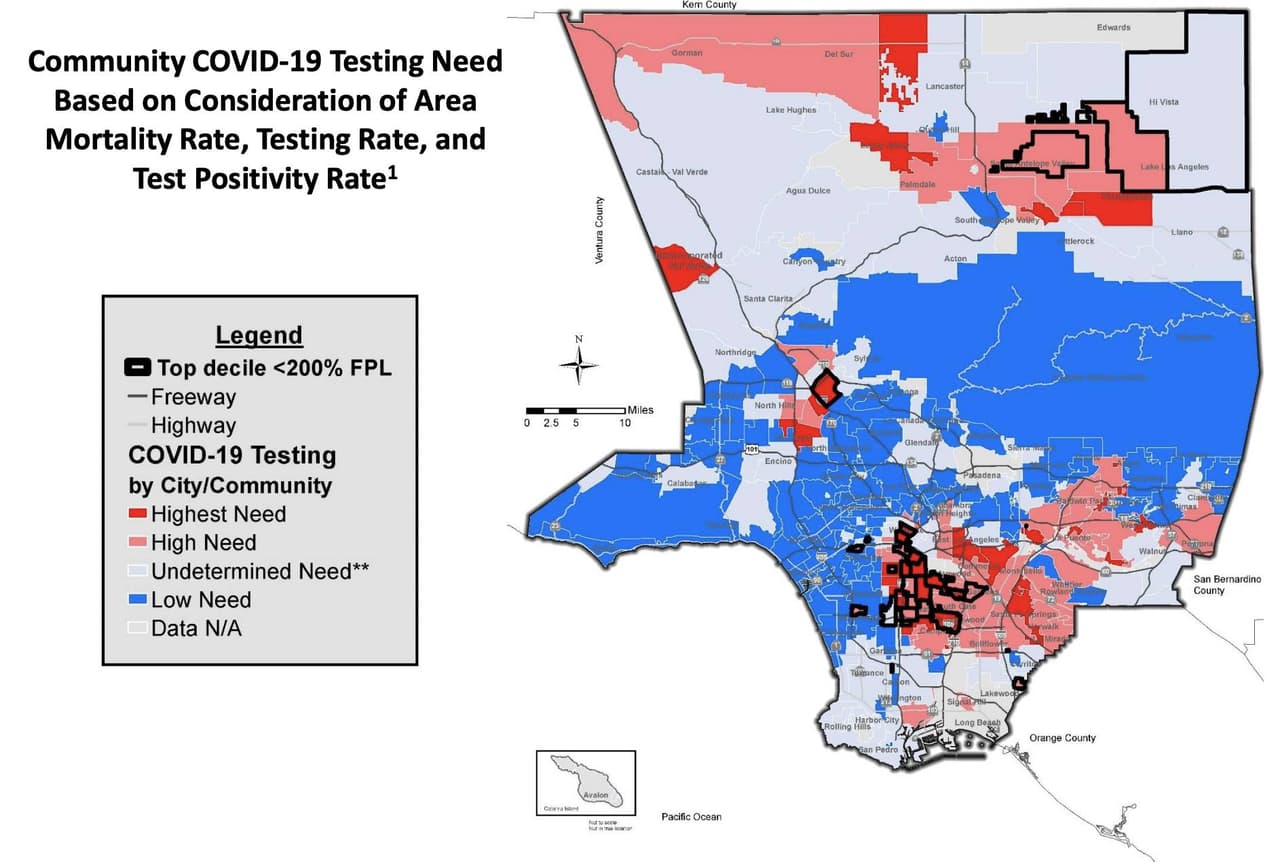 Los lugares de prueba que se abrirán en el condado se concentrarán en las ciudades consideradas "calientes" (hot spots), demarcadas en color rojo, donde se ha reportado el mayor número de casos de 
<b>coronavirus</b>. Entre estas ciudades se encuentran 
<b>Montebello, South Gate, Panorama City, Downey, Norwalk y Compton</b>, según el 
<a href="https://covid19.lacounty.gov/covid19-news/la-county-extends-covid-19-testing-capacity-address-disparities-communities/" target="_blank">comunicado</a>. Además, se ampliará la capacidad de prueba en sitios existentes en Bellflower, Pomona, El Monte y el este de Los Ángeles. Datos publicados el 15 de julio del 2020.