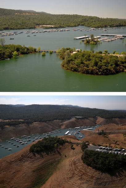 En esta imagen compuesta de antes y después, los niveles de agua son visibles en el puerto deportivo de Bidwell en el lago Oroville. Mientras la foto de arriba data de 2011, la de abajo corresponde al año 2014.