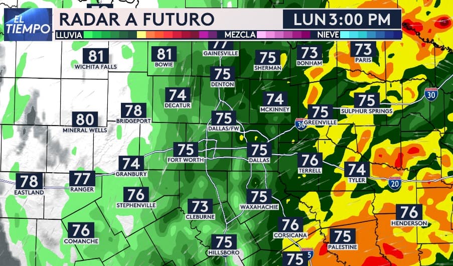 Durante el lunes, 
<b>se esperan lluvias que abarcarán gran parte del norte de Texas</b>, variando desde ligeras hasta intensas. La actividad más significativa se concentrará al sur de la región, especialmente en áreas como 
<b>Palestine, Tyler y Corsicana.</b>