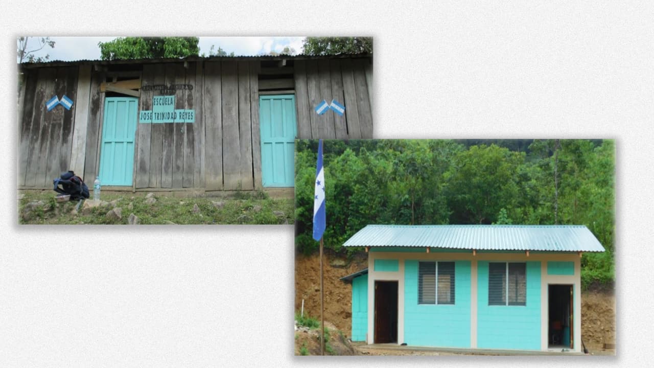 Foto de escuelas. Estas son dos de las cuatro escuelas que Pérez dice que su empresa construyó en la zona a un promedio de 50,000 dólares cada una.