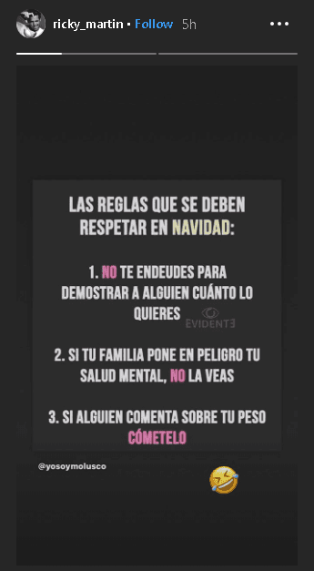 A Ricky Martin lo invadió la época navideña, pero con un poco de buen humor, pues el cantante aprovechó el inicio de diciembre para compartir una simpática imagen en su cuenta de 
<b><a href="https://www.instagram.com/ricky_martin/?hl=en" target="_blank">Instagram</a></b>.