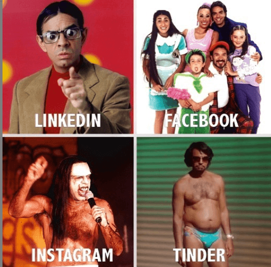 Comenzamos con Eugenio Derbez, quien no pudo evitar ‘subirse al tren’ con el estilo y humor que lo caracterizan. En esta publicación, Eugenio utilizó a Armando Hoyos para mostrar su lado más profesional, a La Familia P. Luche como perfil de Facebook, al inolvidable Marilyn Menson y por último, el personaje de Maximo (How to be a Latin Lover), como su imagen más sexy en la famosa aplicación Tinder. 
<br>