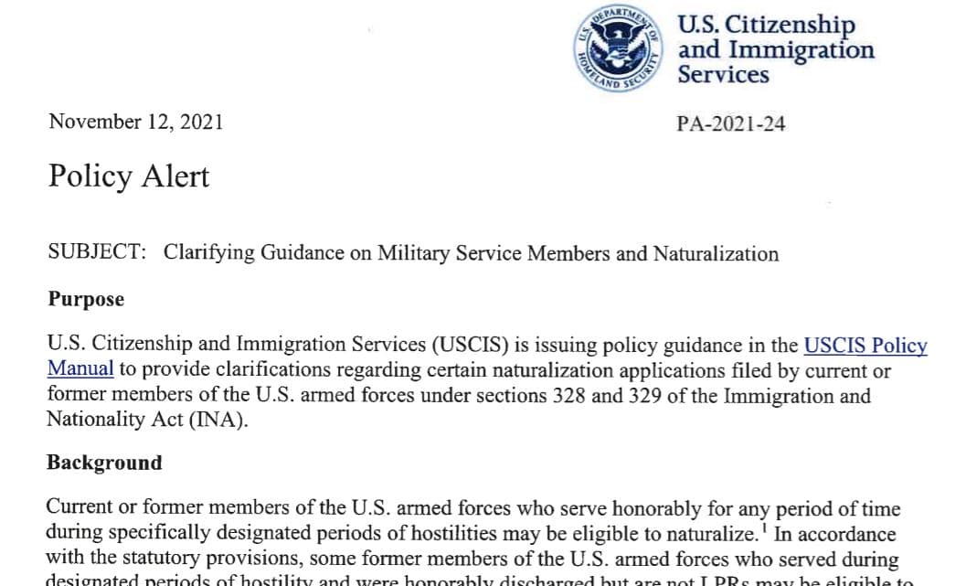 The 'policy alert' memo received by immigration attorney Elizabeth Ricci offering 'Clarifying Guidance on Military Service Members and Naturalization' as part of a DHS initiative "to improve access to immigration services.”
