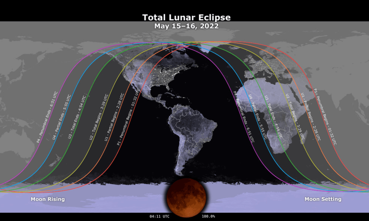 Aquí puedes ver desde dónde será visible el eclipse lunar del 15 de mayo de 2022.