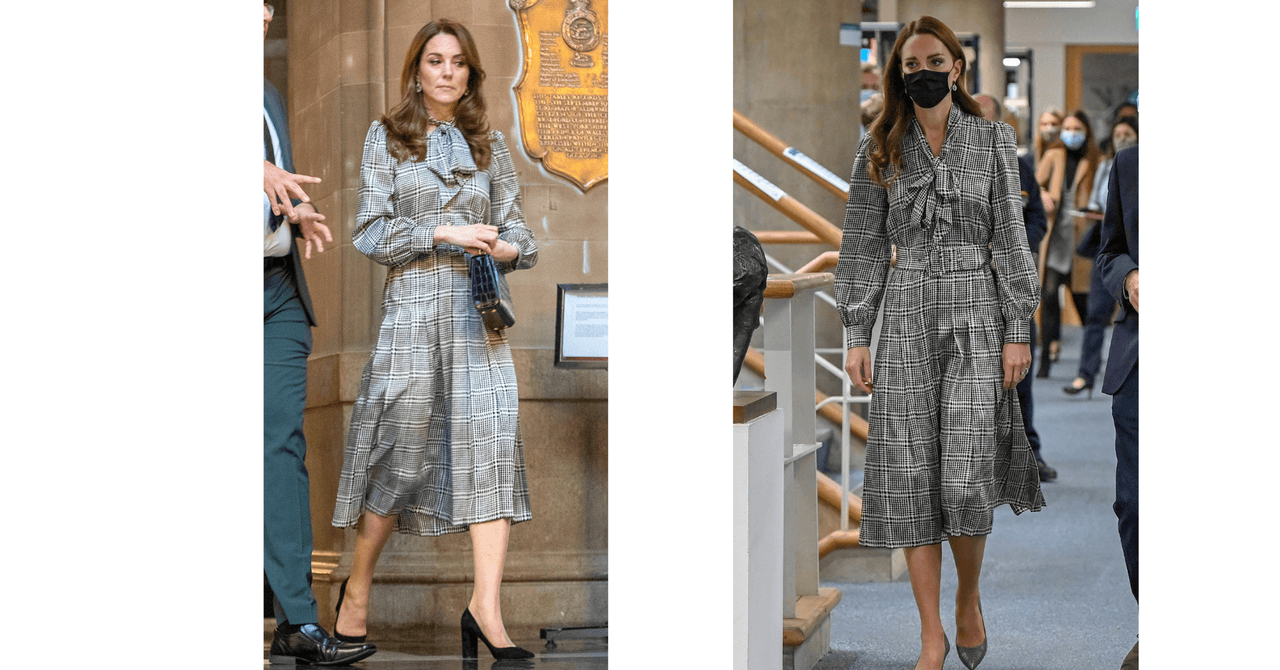 En enero del 2020, 
<a href="https://www.univision.com/famosos/reglas-kate-middleton-debe-seguir-familia-real">la duquesa de Cambridge</a> usó por primera vez un vestido a cuadros, en corte midi, con mangas abullonadas y un moño alrededor del cuello. En octubre del 2021 la volvimos a ver con esta prenda al visitar el University College de Londres. Marcó la diferencia entre uno y otro look con sus zapatos.
