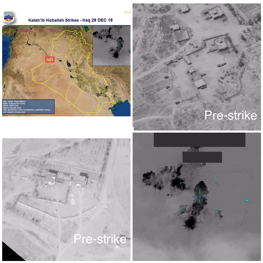 Combinación de imágenes del ataque de EEUU contra instalaciones de la milicia de Hezbollah en Irak.