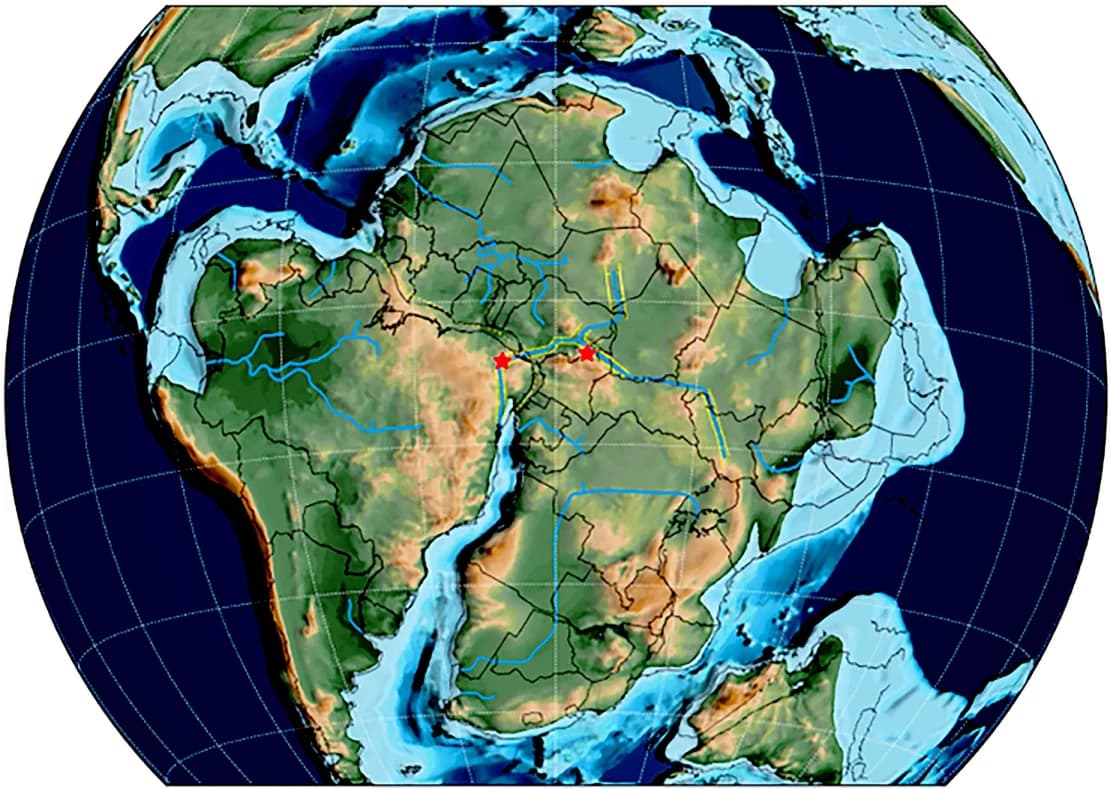 En esta reconstrucción del Atlántico Sur se observan los puntos marcados con estrellas rojas donde hace 120 millones de años estarían los lugares de Brasil y Camerún donde fueron encontradas las huellas de dinosaurios "casi idénticas".
