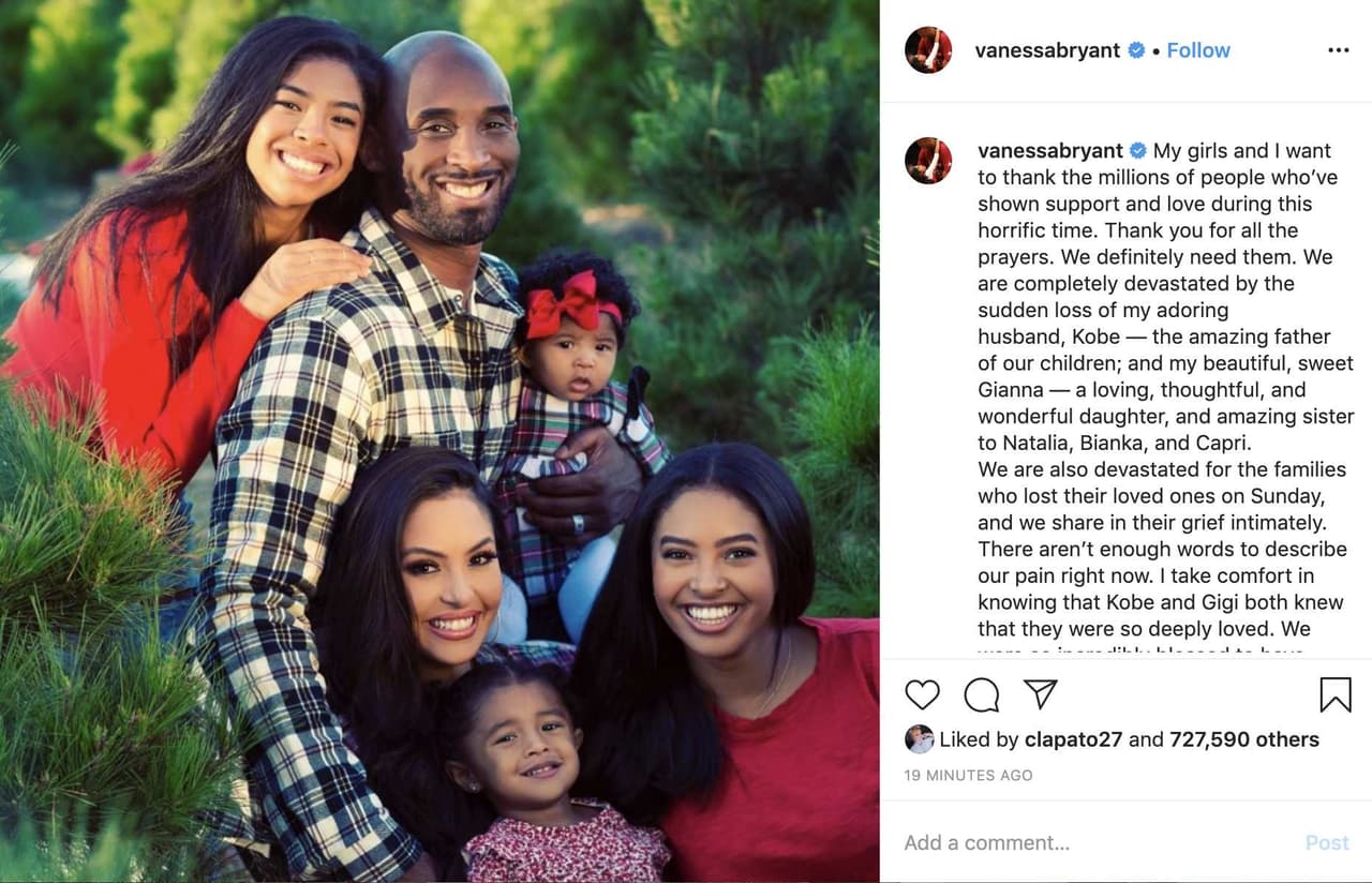 "No hay palabras que describan nuestro dolor": se pronuncia la esposa de Kobe Bryant tras su trágica muerte y la de su hija