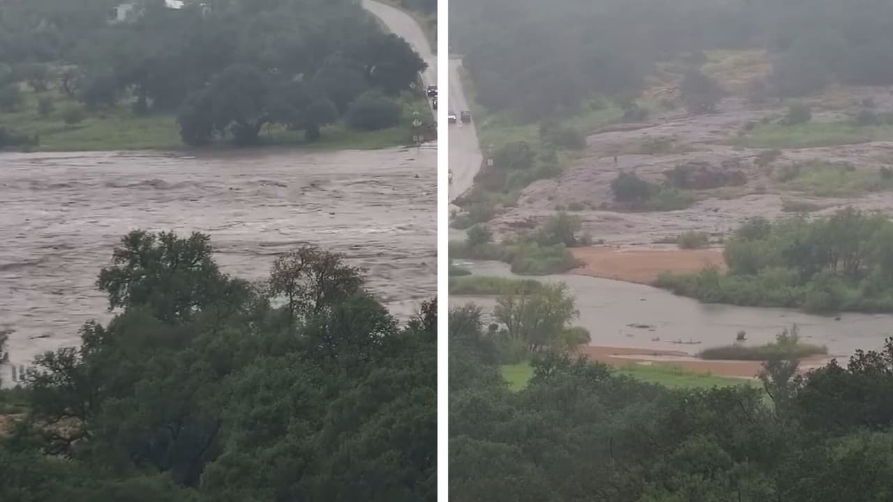 En video: la rapidez y fuerza con la que creció un río e inundó una carretera en Texas