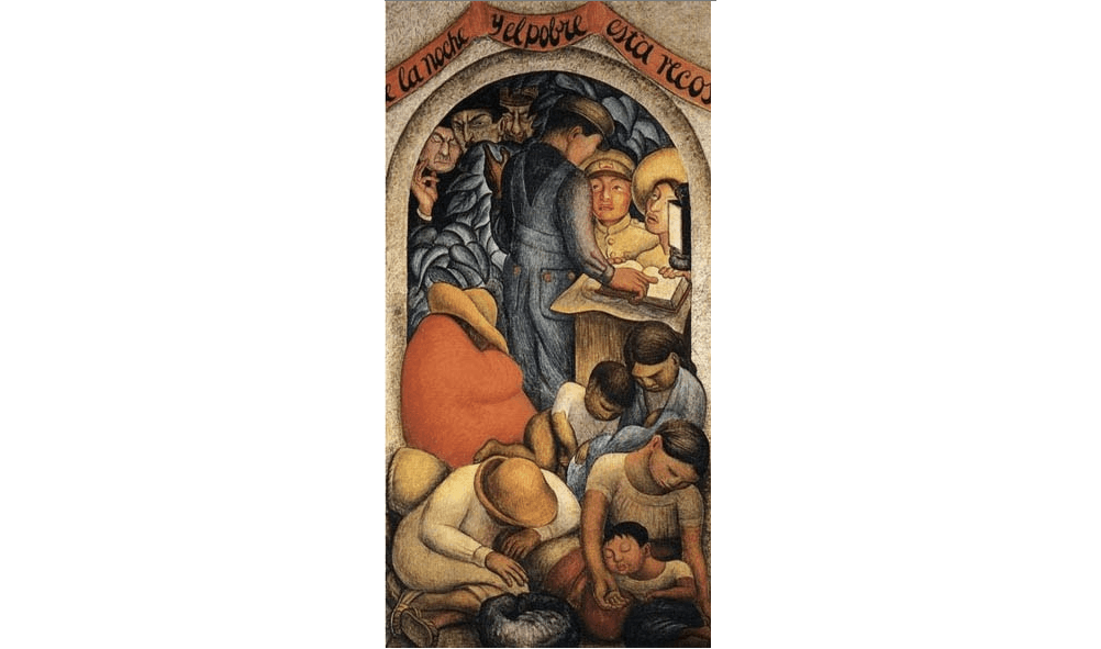 Cuadro de Diego Rivera, "
<i>El Sueño" (La noche de los pobres). </i>En la zona inferior muestra a los trabajadores exhaustos, y en la parte de arriba se puede ver al dueño de las obras rindiendo cuentas.